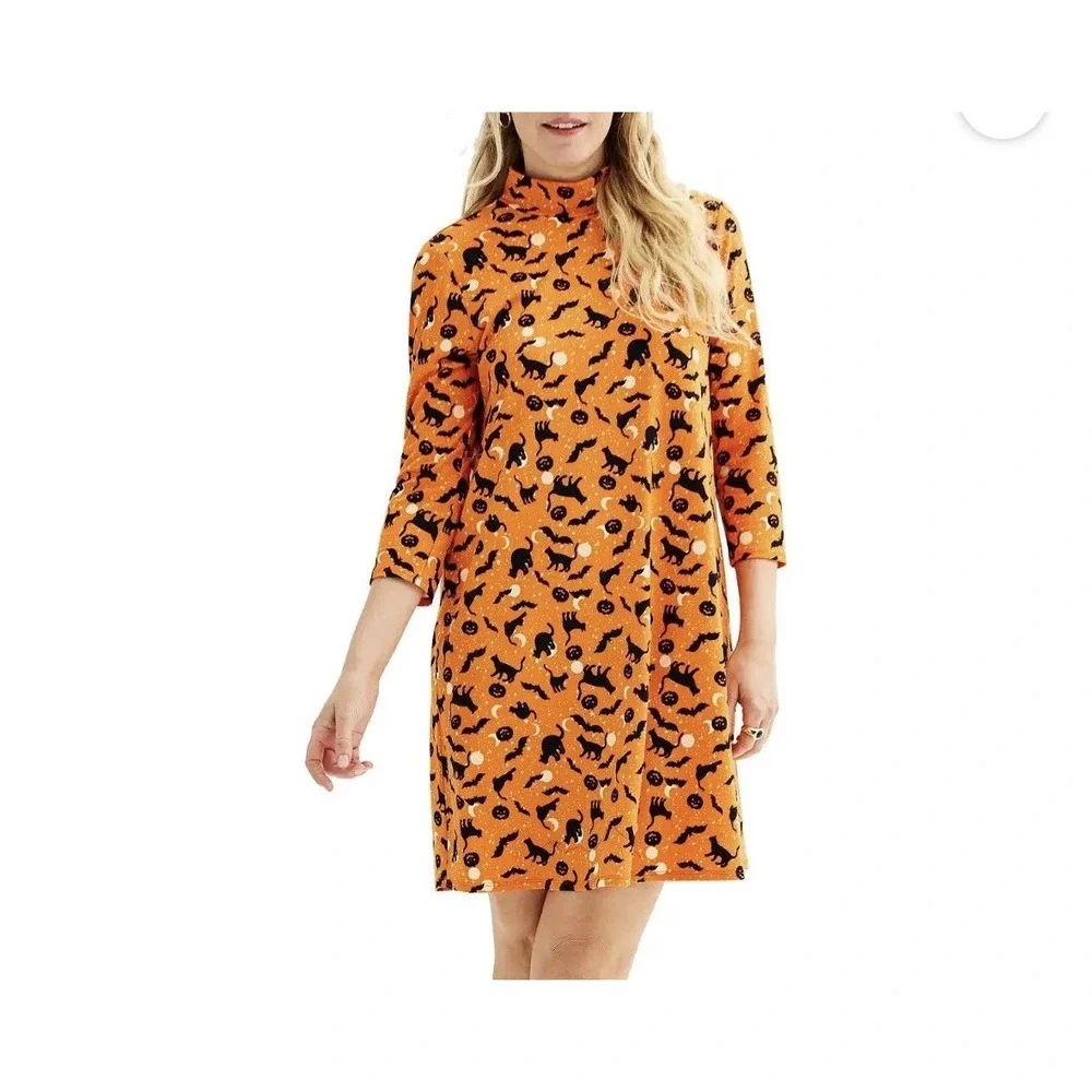 Halloween Dress Women's Size L 3/4 Sleeve Mock Neck Celebrate Together Pumpkin‎